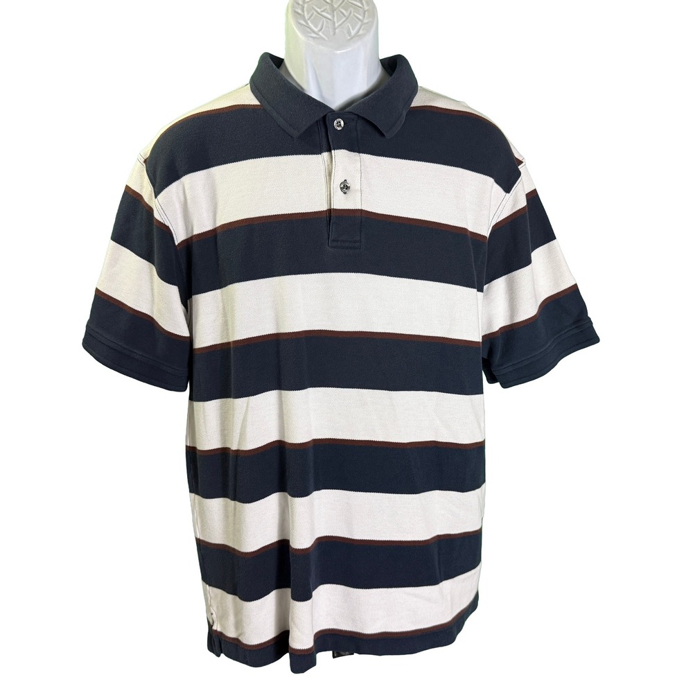 L.L.‎ Bean Polo Shirt Mens Large Blue White Striped Pique Cotton Short Sleeve